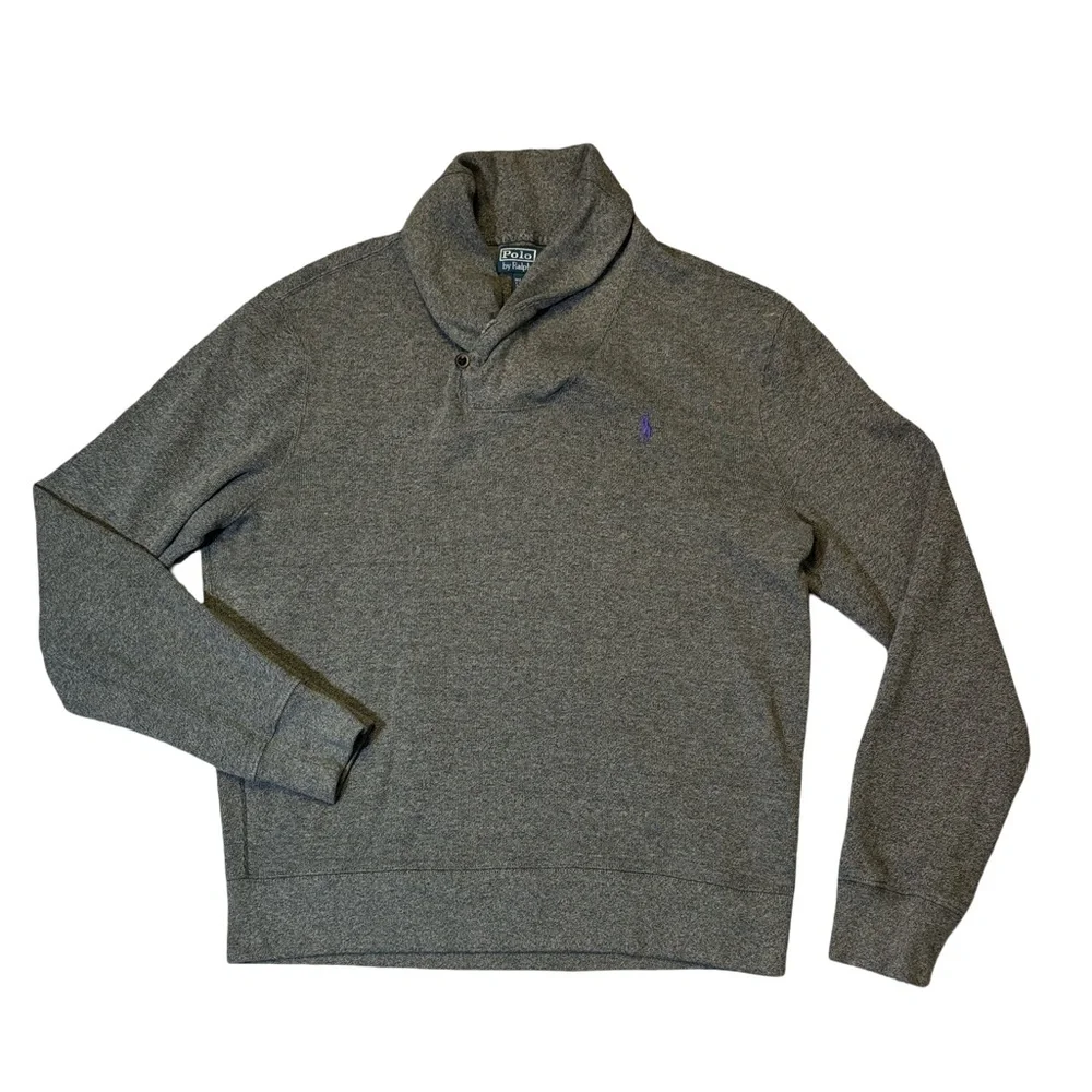Polo Ralph Lauren mens L Large gray solid shawl collar 100% cotton sweater EUC